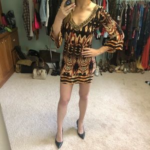 Orange black mid sleeve body-con mini dress
